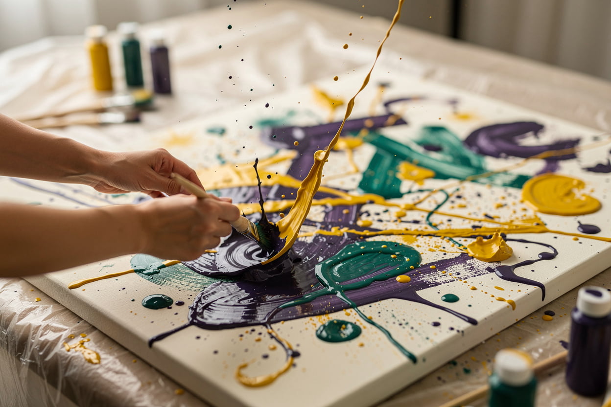 Splasherist Bath guests throwing and splashing bright paint onto canvas during a rage painting workshop, a no-judgement immersive creative studio in Bath