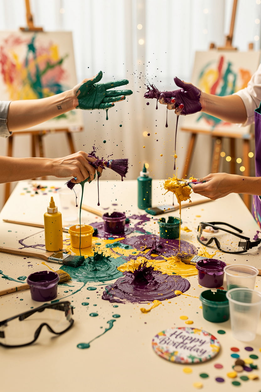 Splasherist Bath hen and birthday party guests throwing bright paint during a rage painting session in Bath