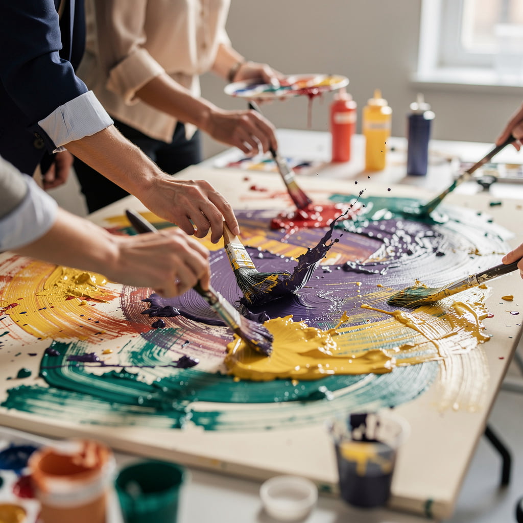 Splasherist Bath team building group splashing bright paint on canvas during a corporate rage painting session