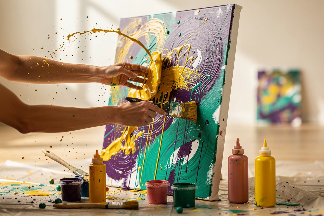 Splasherist Bath guest throwing and splashing bright paint onto canvas during a rage painting session in the Bath studio